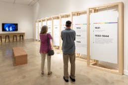 Queer Miami exhibition | Patrons looking at timeline wall panels